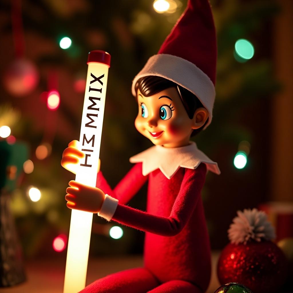 Elf on the shelf holds glow stick. Elf character is smiling and joyful. Christmas atmosphere with colorful lights.