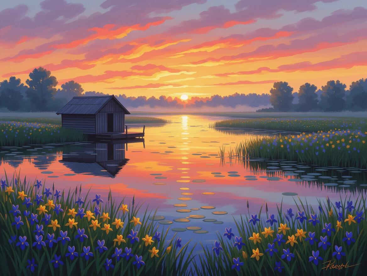 Impressionist-style wetland scene at sunrise. Wooden hut by glowing lake. Sky with coral, indigo, and crimson colors. Calm water mirrors the sky. Clusters of wildflowers surround the lake. Morning mist over marshes in background. Light dances on water, illuminating vegetation. Scene feels timeless and surreal.