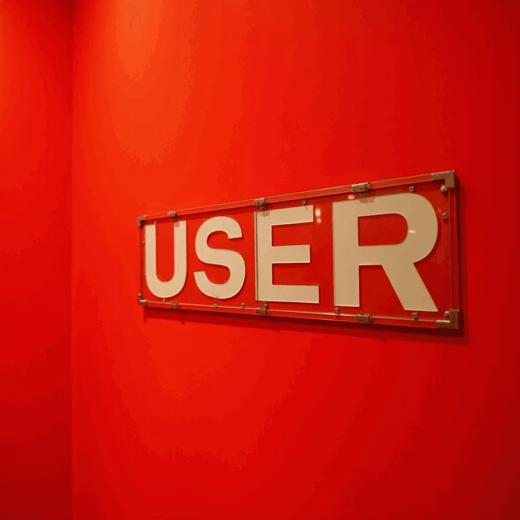 A bold red wall with a large, framed sign reading 'USER'.