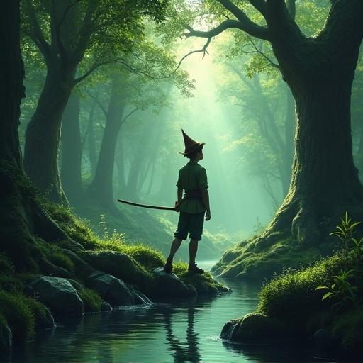 Character resembling a young boy stands on a rock near a stream in a lush, green forest with tall trees.