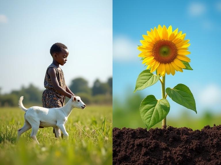 Split image comparing plants and animals. Left side shows Nigerian child playing with white goat in grassy field. Right side features vibrant sunflower rooted in soil against clear blue sky. Illustration of animal movement and plant immobility.