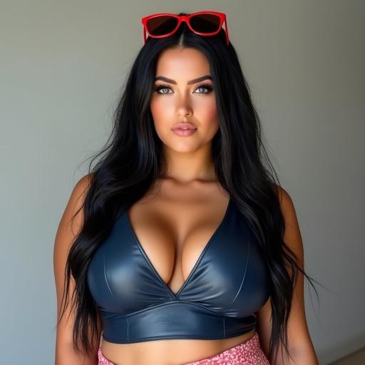 Photo-realistic portrait of a woman in her late twenties. Long straight black hair and blue eyes. Wearing red sunglasses on her head. Curvy figure with large breasts. Dark blue leather crop top with deep neckline and coral pink floral sarong skirt. Calm and confident expression. Neutral background with soft lighting.