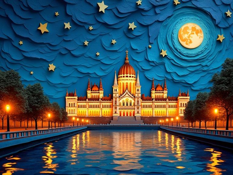 Highly detailed origami paper folds. Vibrant papercraft art. Nighttime scene with Palace of Parliament. Full moon and starry sky. Beautiful city lights reflecting.