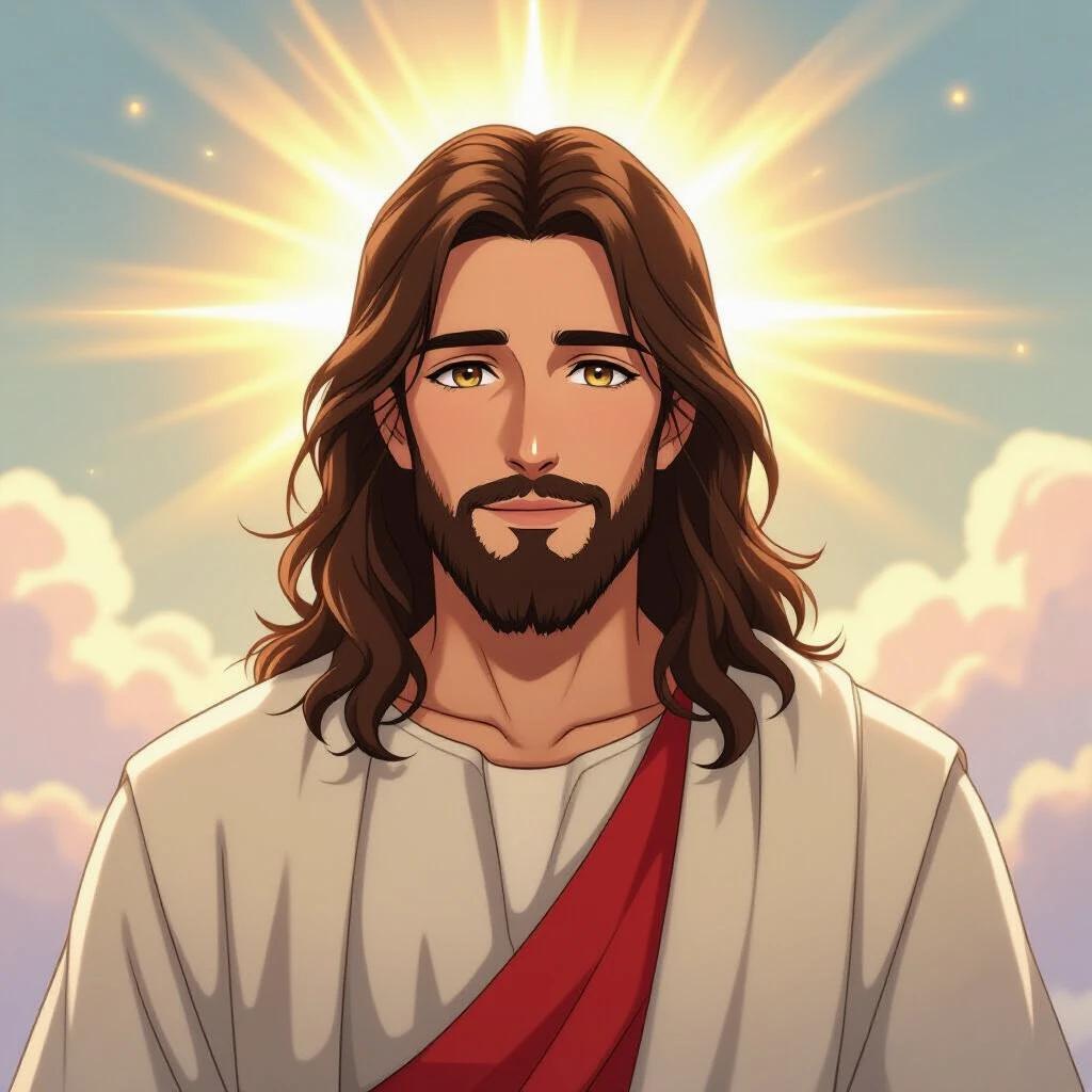 Anime-style portrait of Jesus Christ with long flowing brown hair wearing a white robe with a red sash. Background features warm glowing light rays and soft clouds. The atmosphere is spiritual and peaceful with a focus on the face and upper body.