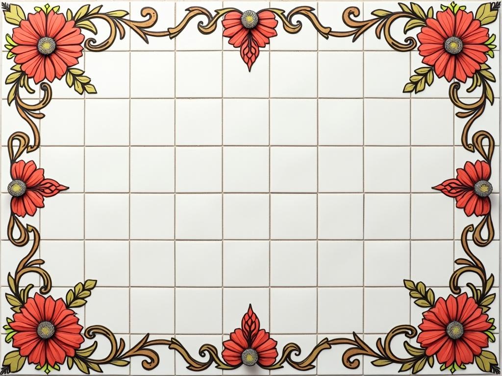 Large mosaic of many white tiles 20 tiles wide by 10 high surrounded by reddish floral motifs.