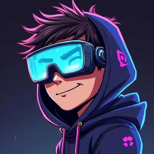 Comic style illustration character with sarcastic expression wearing futuristic glasses. Dark hoodie with neon cyan and purple accents. Short messy hair smirking. Dark background with digital glitch effects. Soft lighting on face. Character half-turned holding floating laptop with confident and edgy vibe.