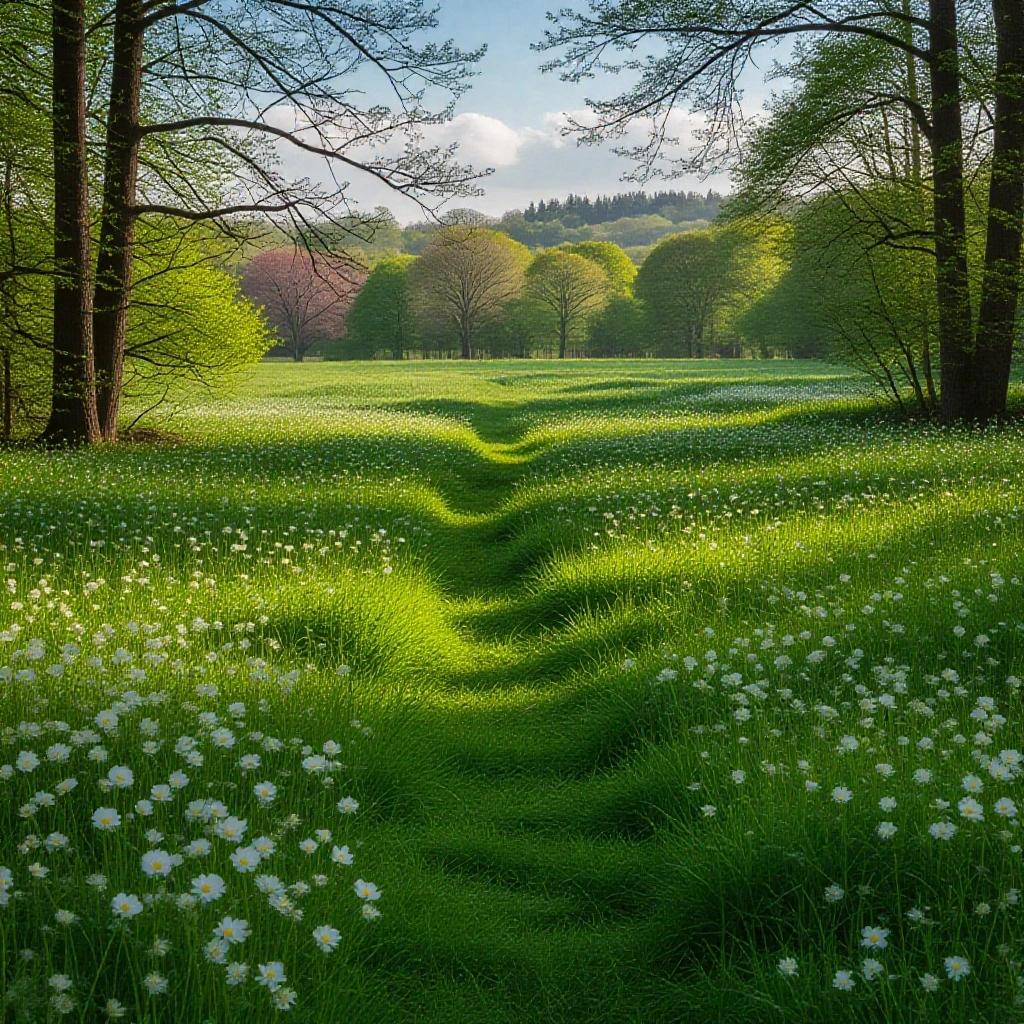 A spring meadow with a winding path surrounded by flowers and lush trees.