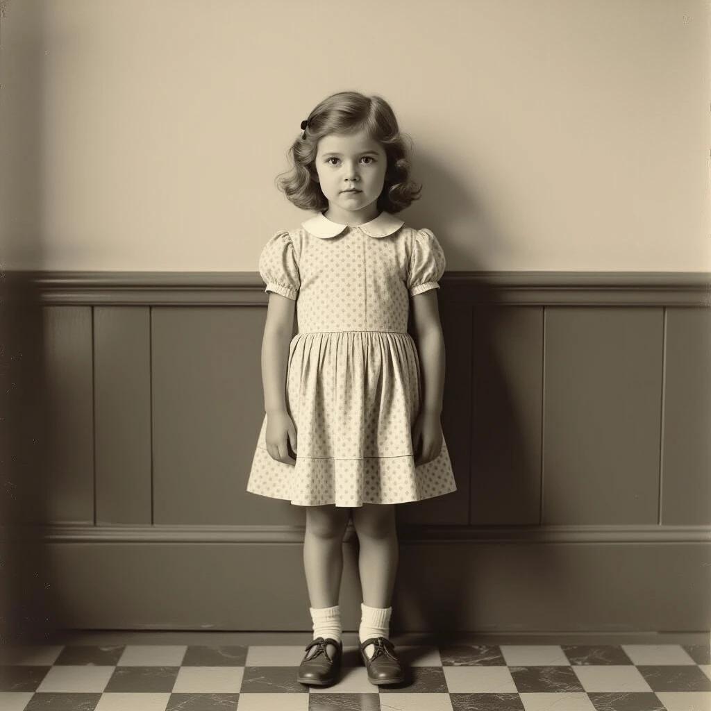 A vintage black and white photograph features a young girl standing upright on the floor. She wears a polka dot dress with a collar and knee-high socks. The background is a plain wall contrasting with the tiled floor.