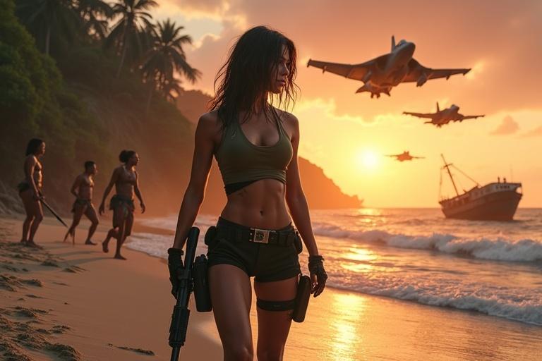 Cinematic movie poster style scene on sandy beach during sunset. Powerful female adventurer inspired by Lara Croft. Dark olive-green crop tank top and black combat shorts. Holding a rifle, confident pose. Dense jungle on left with T-Rex emerging. Tribal hunters in shadows. Dramatic ocean view on right with a ship. Fighter jets in formation above. Wrecked airplane behind.