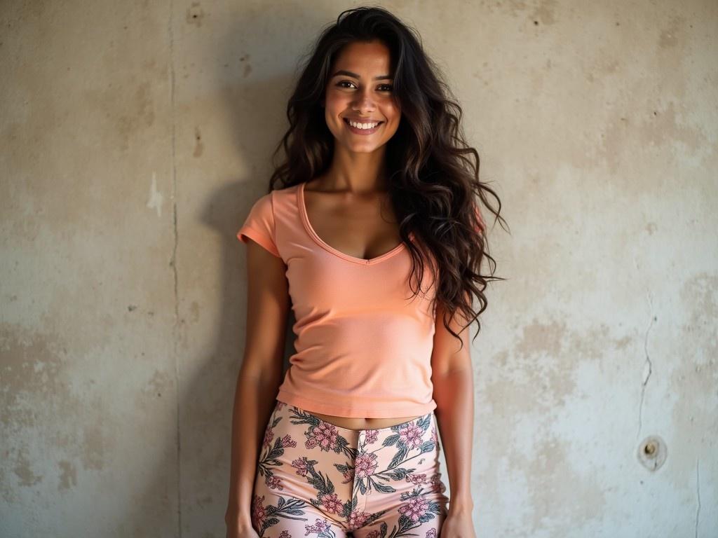 This image features a confident Indian woman standing against a textured wall. She wears a fitted peach-colored top and floral leggings, showcasing a stylish yet casual fashion sense. With long, wavy hair and a warm smile, she exudes approachability and vibrancy. The rustic background adds character, emphasizing the casual vibe of the outfit. This setup is ideal for fashion-related content and lifestyle promotions, capturing a moment of confidence and style.