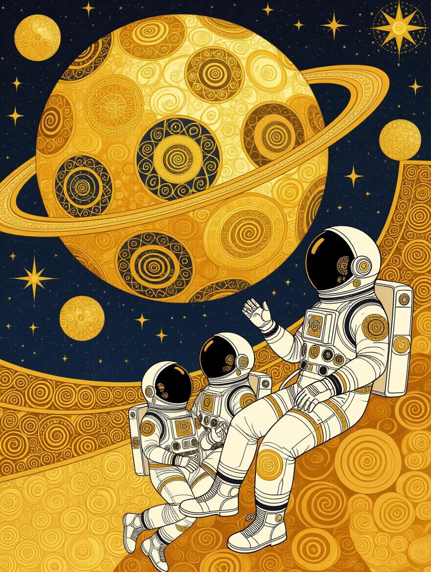 Cosmic scene inspired by Gustav Klimt's art style. Planets represented as golden orbs with intricate patterns. Astronauts depicted in ornamental suits showcasing Byzantine mosaic elements. The scene features decorative stars and golden nebulae.