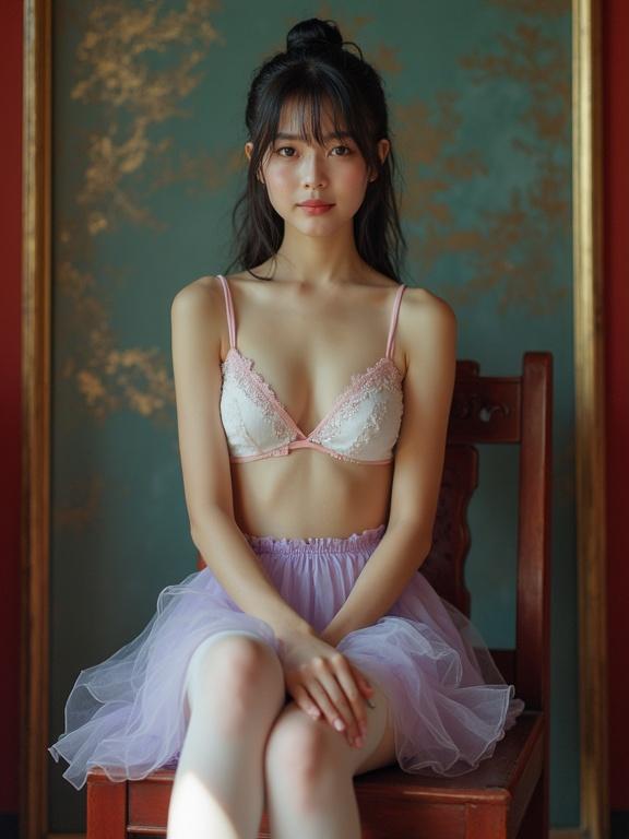 Petite Asian girl seated on a chair in a feudal china hall. She wears a mini skirt and a wired foam bra. She has tied wet hair and soft blue eyes. She smiles softly at the camera. The photo is slightly overexposed with visible lens dust and grain.