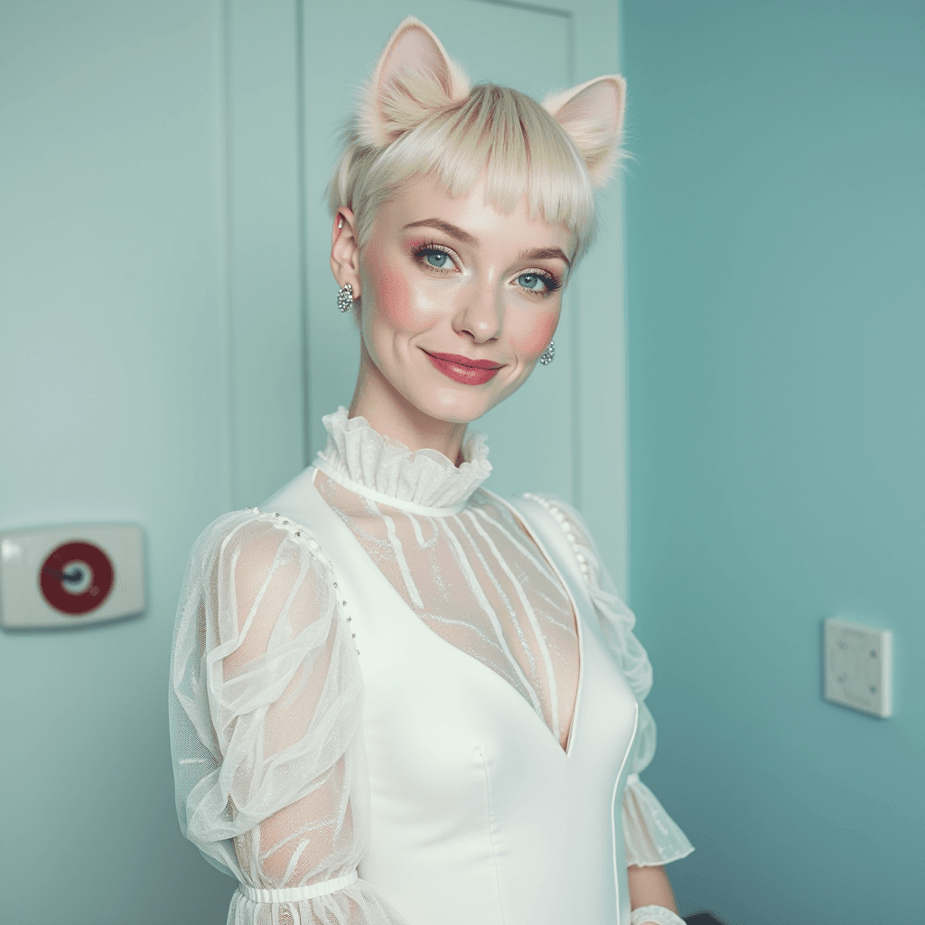 A person wearing a white dress with sheer sleeves and cat ears posing against a teal background.