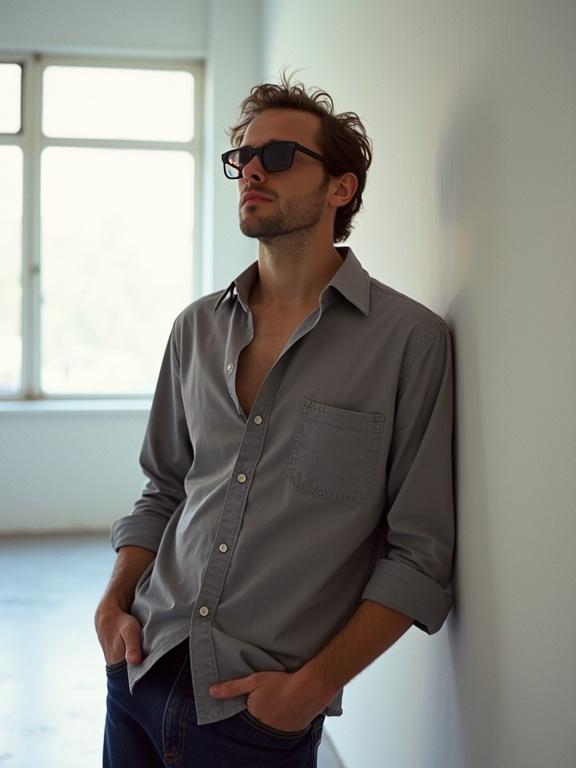 Film photograph from the 1990s shows a man leaning against a wall in a modern art gallery. He wears loose-fitting gray clothing and dark sunglasses. Natural light enters from a large window behind him, illuminating the gallery space. The man's pose is relaxed and contemplative, reflecting the cool aesthetic of the era.
