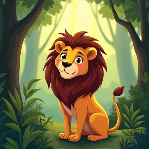 A cartoon lion sitting in the jungle. The setting shows lush green trees and foliage. The lion is cheerful with a big mane. The atmosphere is bright and inviting.