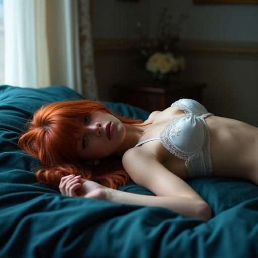 Cinematic masterpiece showcasing a beautiful young woman in elaborate white silk underwear. She lies face down on midnight-blue sheets, with long red hair covering her face. The shot is taken from the side angle, highlighting her body. The room has a window and natural light that enhances the composition.