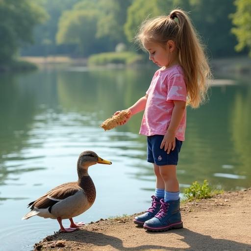 Brianna feeding ducks at park lake. Little girl stands by water. Long dark-blonde hair in ponytail. Wearing pink-camouflage shirt and navy-blue shorts. Booted feet in mid-calf hiking boots.