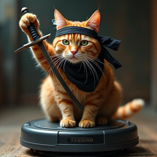Ultra-realistic close-up portrait of a triumphant ginger ninja cat on a robot vacuum while gripping a katana. The cat wears a black ninja headband, perched with a fierce expression. Fur strands float around him. His emerald eyes narrow in satisfaction.