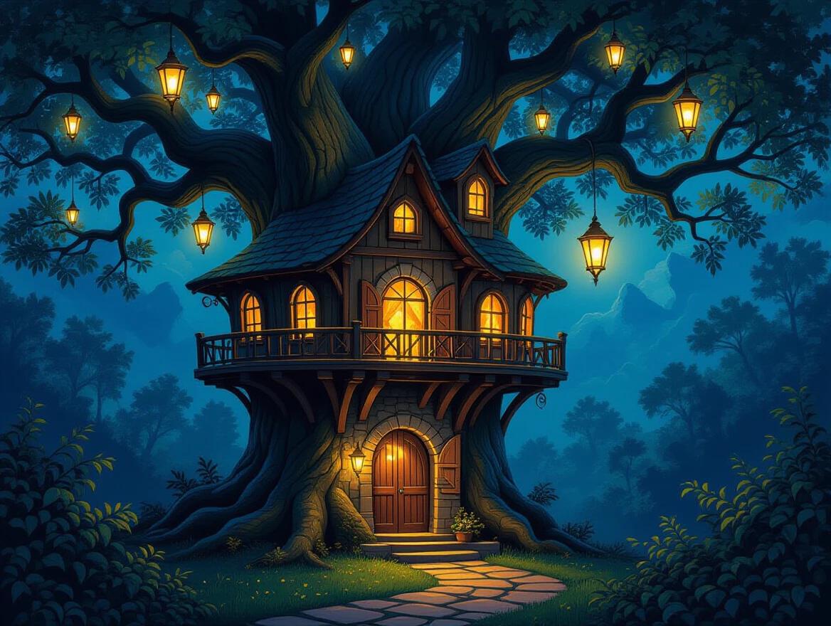 A painting of a magical tree house. The tree blends with the branches of a large ancient tree. It is night and lanterns glow warmly inside. Light spills from windows and doors into the foliage. Surroundings include deep blue and purple hues of the forest. It conveys a serene and magical atmosphere. The painting is raw and analog, with thick strokes of bold colors. It should emphasize dramatic chiaroscuro with rich colors.