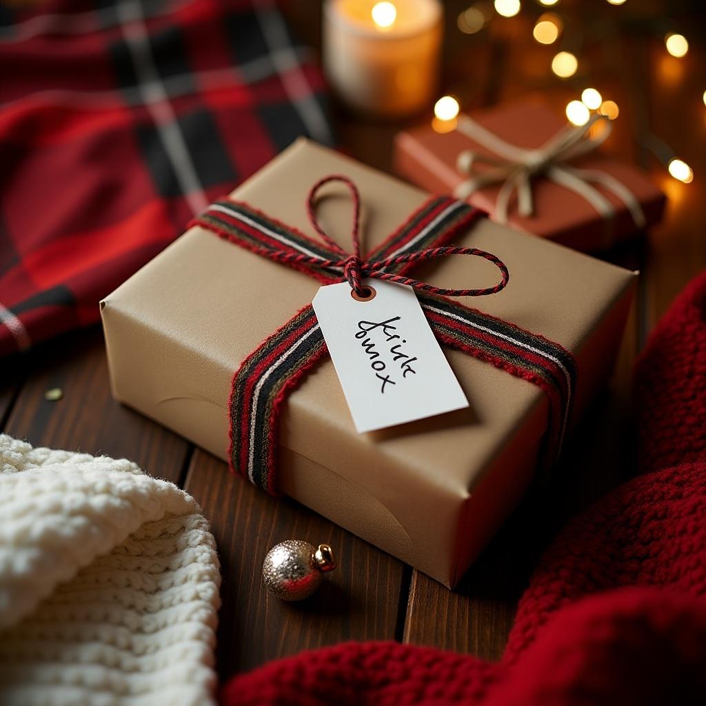 A close-up view of a beautifully wrapped gift box resting on a rustic wooden table. The box is wrapped in elegant brown paper, adorned with twine and a charming gift tag that reads 'from Chlo xx'. In the background, a tartan scarf adds a cozy touch, paired with soft red fabric from a nearby shawl. Subtle warm light emits from ornaments scattered around, enhancing the festive feel. Additional elements in the scene evoke a seasonal celebration, suggesting the joy of gifting.