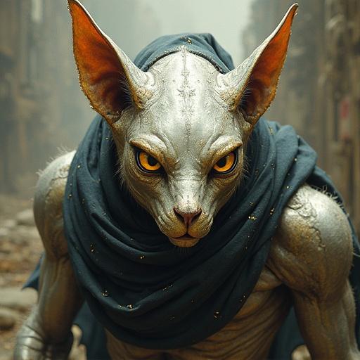 Painting featuring a humanoid quickling lord with metallic skin and yellow eyes. Character has a human nose and a determined expression. Lurking in a foggy, desolate urban setting. Represents fleet-footed beings in positions of power. Evokes themes of speed and prowess in battle.