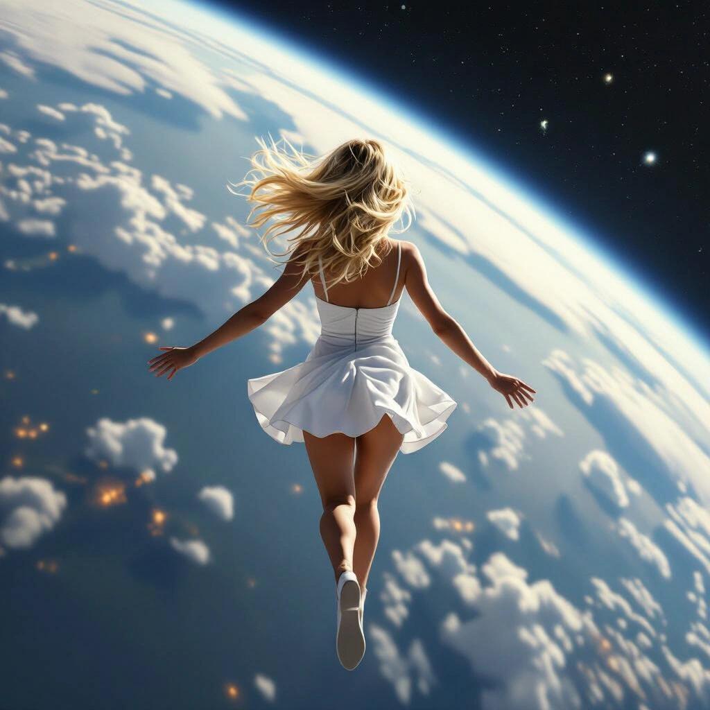 A blonde girl flying above planet Earth at supersonic speeds. She wears a white mini dress. View is from behind her. The image captures a sense of freedom and adventure.