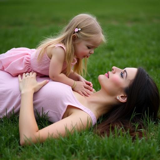Woman lying on grass with dark hair. Girl in pink dress leaning over woman. Natural outdoor setting with green grass. Woman looking up at girl. Girl placing hands on woman's chest.