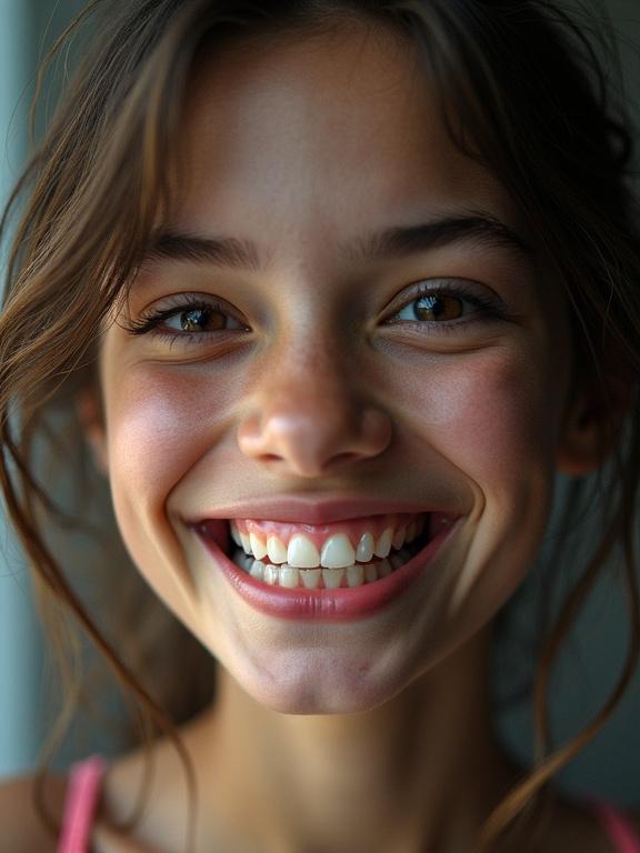 Close-up portrait of a girl smiling broadly. Natural light illuminates her face. Emotions of joy and warmth are present.