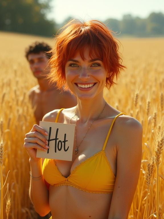 This image depicts a stunning woman with short red hair smiling. She holds a sign that says Hot. Her chest is partially covered by her arm. She wears a yellow bikini. A male figure is partially visible behind her. The backdrop features an expansive wheatfield under bright sunlight. The image has intricate details and a cinematic feel.