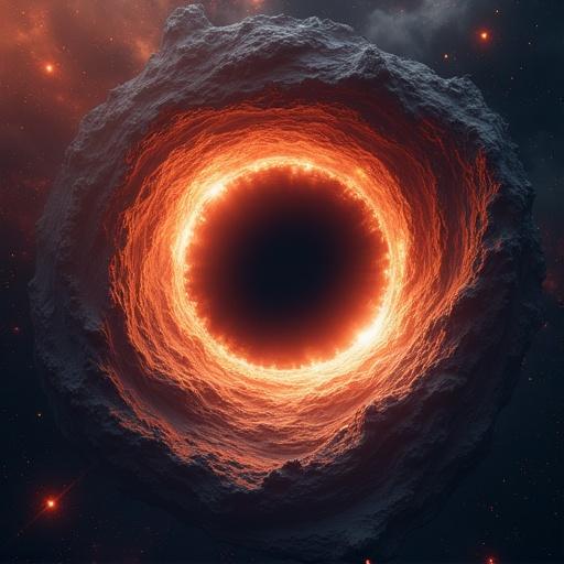 A digital illustration of a black hole core. It features a bright, glowing ring around a dark center. The surrounding space is filled with stars and cosmic elements. The overall style is dramatic and visually striking.