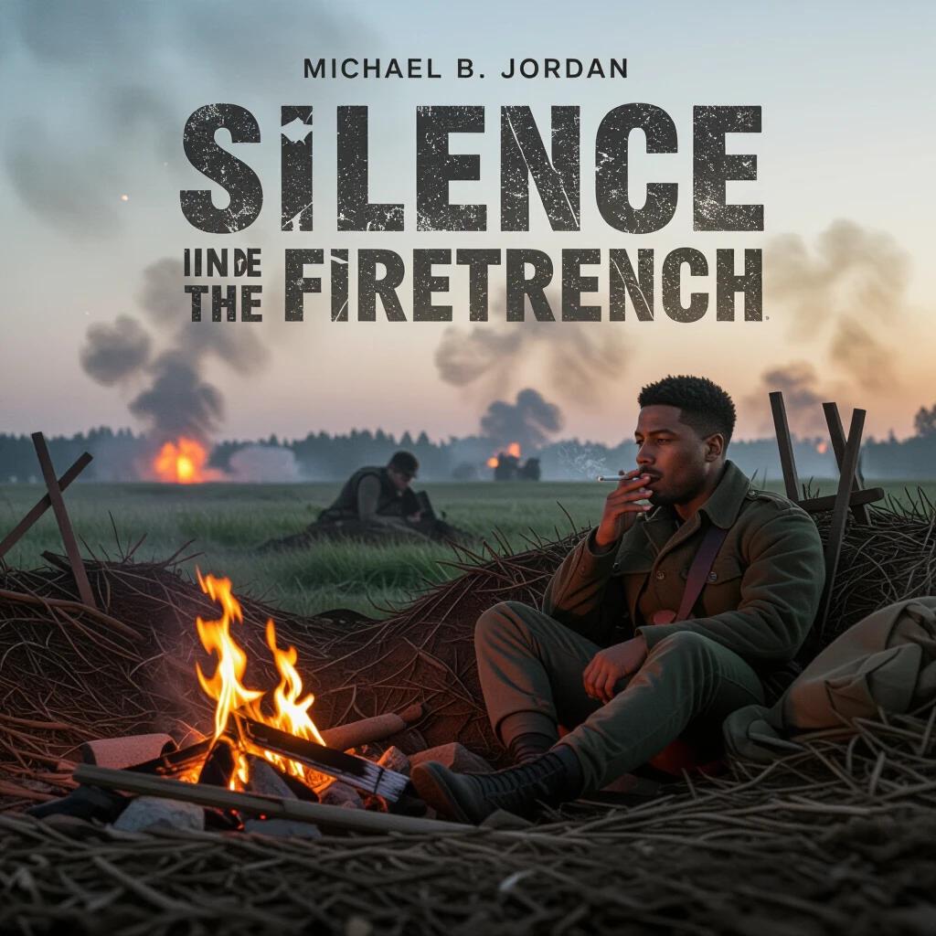 Movie poster for SILENCE IN THE FIRETRENCH featuring the title in military stencil. Michael B. Jordan sits in a foxhole smoking a cigarette with nearby explosions.