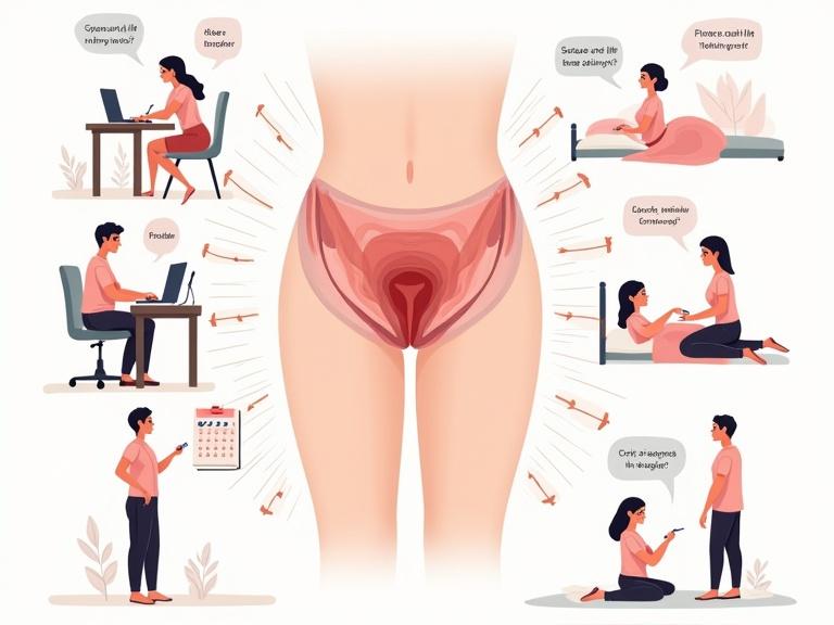 Educational illustration showing pelvic floor muscle training. Features anatomical view of pelvis highlighting pelvic floor muscles. Characters performing Kegels in daily situations. Correct techniques and common mistakes depicted. Includes progress chart and practical context. Soft colors and clean line art promote clarity and empowerment.