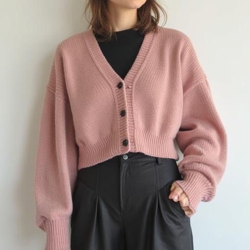 Cropped pink cardigan styled unbuttoned. Worn by a model with a black top and high-waisted pants. Soft lighting highlights the outfit.