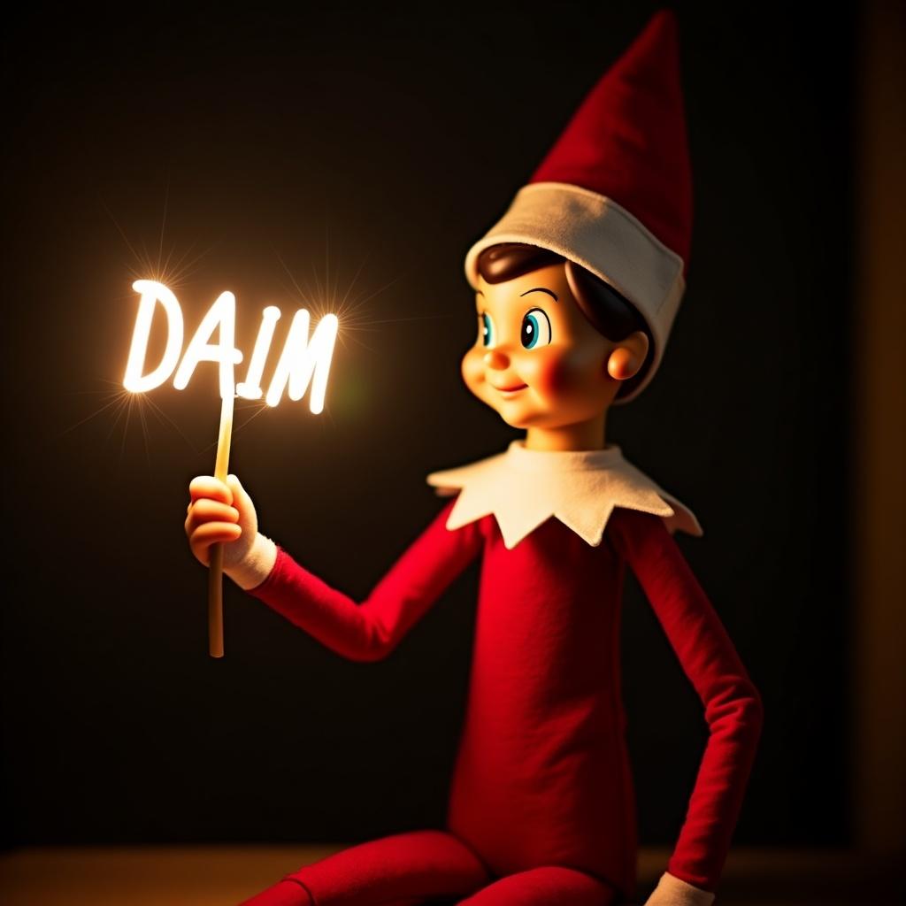 Elf on the shelf character holds a glow stick forming the name DAIM. The elf wears red and white attire. Dark background enhances the glowing text. Warm, festive atmosphere creates holiday cheer.