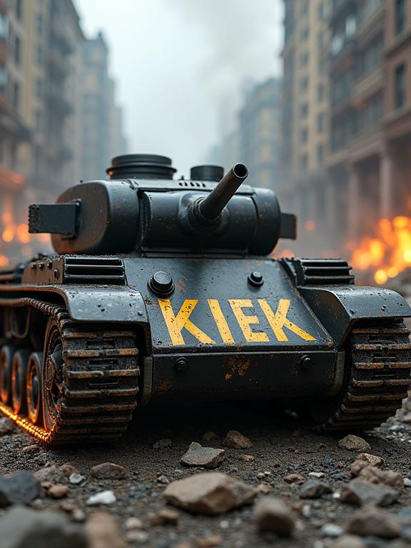 Tank in a ruined city. Leather treads are scorched. 'KIEK' carved into wheels with yellow paint. Armor plates dented. Flickering LED strips and chrome wiring exposed. Matte black finish covered in ash. Smoke and embers around.