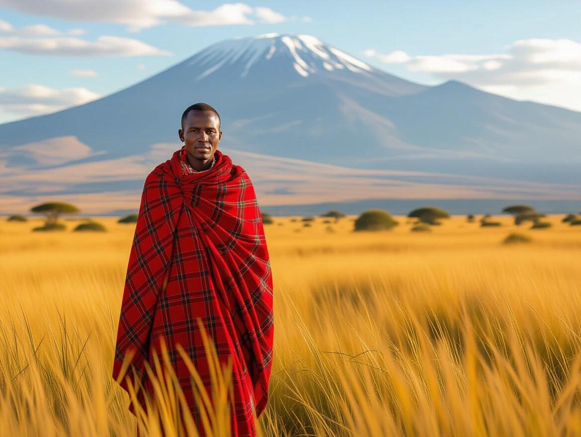 A lone Maasai warrior stands in a sunlit savannah. The warrior wears a vibrant red shuka. Golden grass sways around him. Mount Kilimanjaro rises in the background. The style is ultra photorealistic. Soft natural lighting enhances the scene. Shallow depth of field creates focus. This composition is reminiscent of award-winning photography.