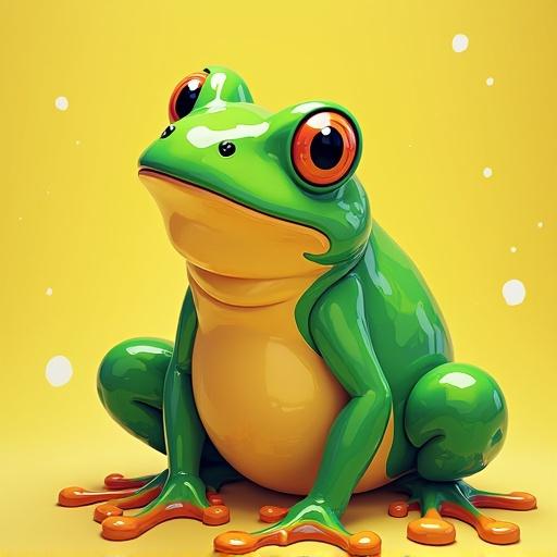 Bright green and yellow frog with orange eyes in dream bubble art style. Colorful composition with tan elements. Cheerful and vibrant aesthetics.