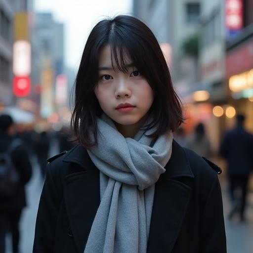 A young woman stands on a busy street. She gazes intently at the camera. A serious contemplative expression is on her face. She wears a black jacket and a grey scarf. Background shows urban buildings and people. Evening light casts a gentle glow.