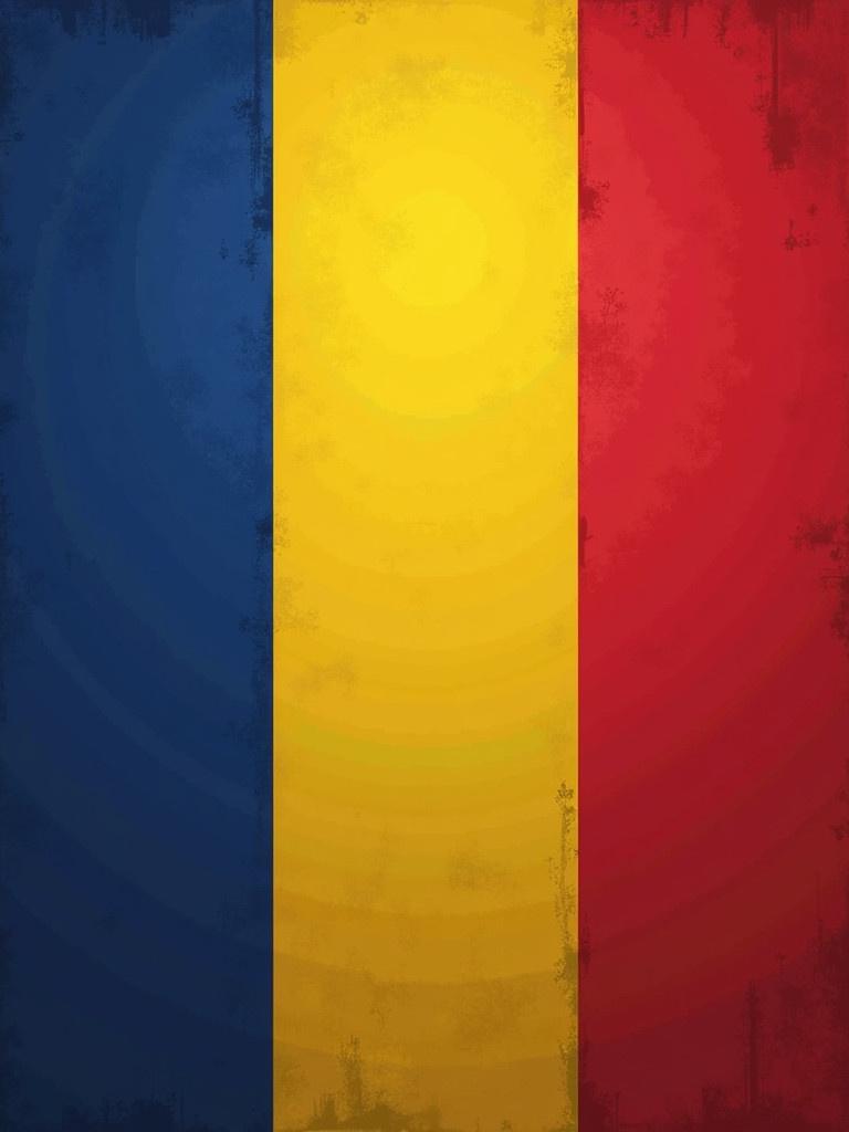 An illustration of the Romania flag featuring blue yellow and red vertical stripes. Textured background with soft imperfections. Suitable for cultural representation and patriotic themes.