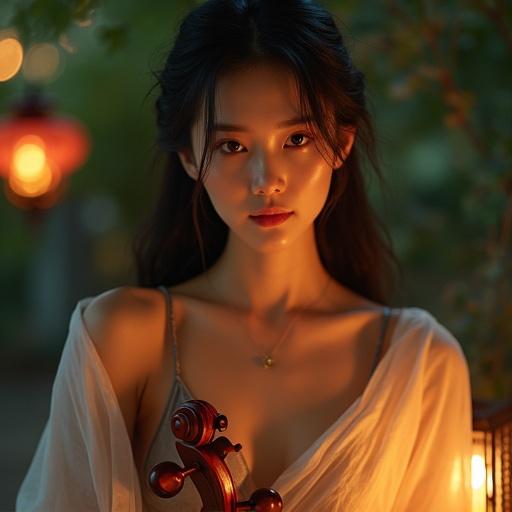 Breathtaking woman with dewy skin and flowing dark hair leans over a yangqin in a lantern-lit garden. Seen from a cinematic 3/4 angle, her translucent robe sticks gently to her chest and waist. One strap falls from her shoulder. Fingers hover above mallets. Eyes steady, lips gently parted. Flickering light grazes collarbone and instrument frame.