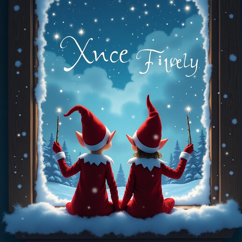 Two elves sitting on a snowy window sill. They gaze at a sky filled with stars. Elves wear red outfits with pointed hats. Snow surrounds them. Magical moment evokes joy and excitement. They use magic wands to write names in the sky.