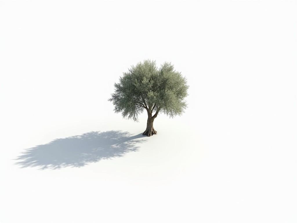 The image features a minimalist white background with a single olive tree in the center. The tree appears to be positioned slightly towards the viewer, allowing us to see its form without looking down straight on. It casts a long, sharp shadow that extends horizontally to the left, creating a bold contrast against the stark white background. The details of the olive tree are clear and accentuated by the soft, natural lighting. This composition provides a fresh and tranquil vibe, emphasizing simplicity and nature in the design.