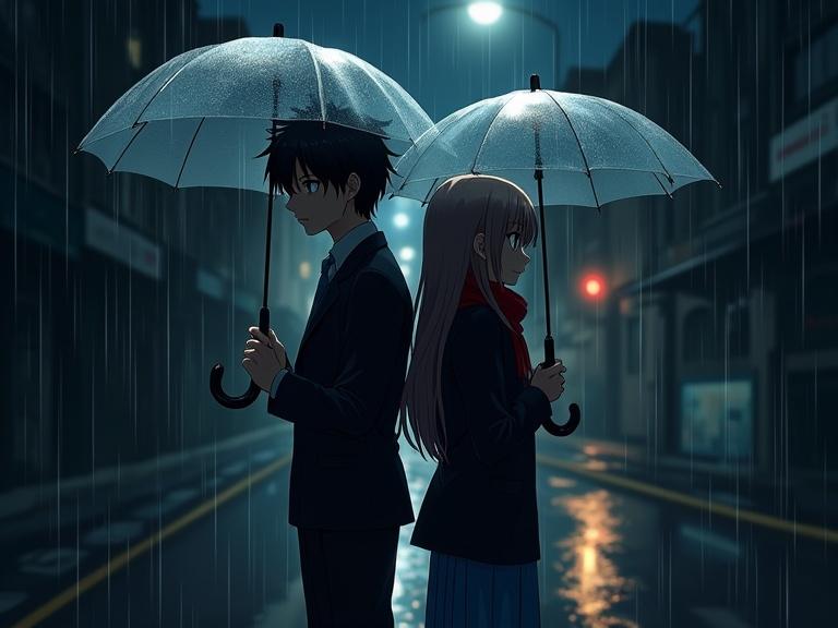 Anime boy and girl standing back to back. They are under a glowing streetlight on a rainy night. Each holds a transparent umbrella. The boy has messy dark hair and wears a school blazer. The girl has long hair and a red scarf. The pavement reflects the rain softly. The scene shows subtle romantic tension. It features dramatic anime art style and emotional atmosphere.