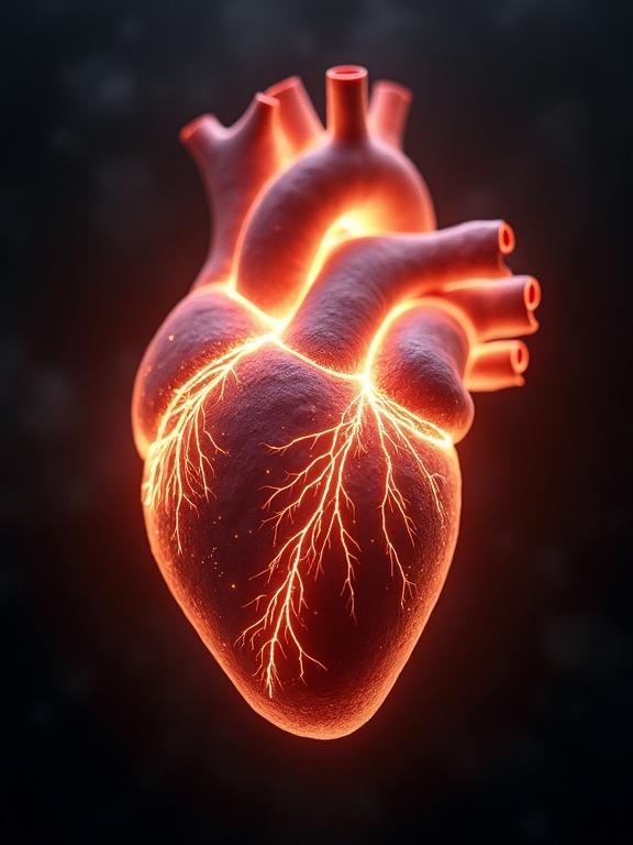 A detailed representation of a human heart as a vibrant light. The heart emits rays of light pushing back the surrounding darkness. This image showcases a hyper-realistic style with an ethereal glow. Ideal for artistic and medical context.