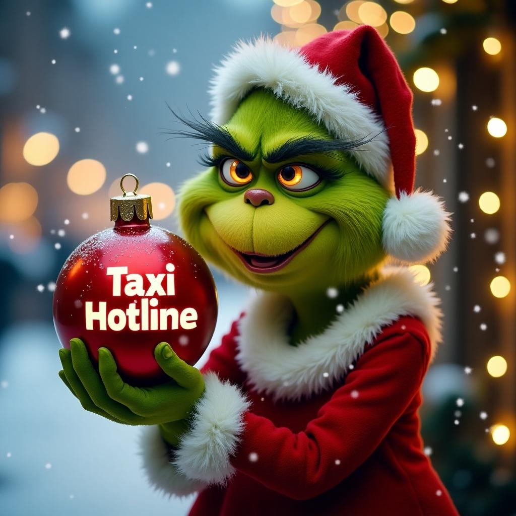 Grinch character in festive attire holds a red Christmas bauble with text Taxi Hotline. Background features snowy scenery and Christmas lights.