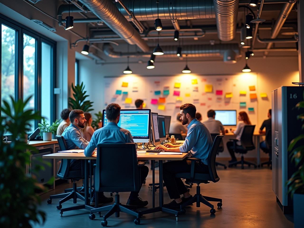 This image depicts a bustling modern office environment filled with activity. Several computer nerds are seated in front of their PCs, deeply engaged in their work. Nearby, a team is having a PowerPoint presentation, showcasing their project in front of colleagues. Another group is involved in dynamic workshops, surrounded by sticky notes on a kanban board, illustrating their brainstorming process. In a different corner, people are chatting by a coffee machine, adding a social element to the workspace. The atmosphere reflects a highly engaged company setup, complete with various office gadgets and decor that signify teamwork and creativity.