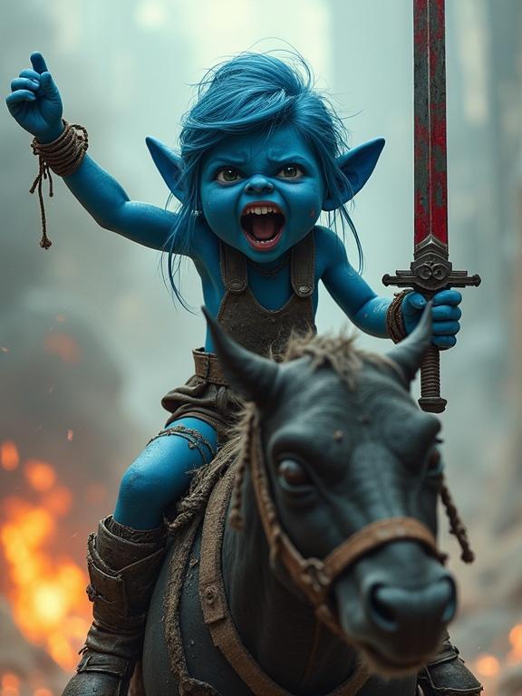 Fierce young Smurfette riding on a cyberpunk evil koala. She is screaming with a bloodied sword. Background shows a burning post-apocalyptic world.