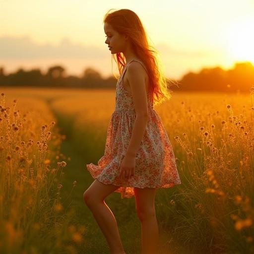A girl walks thoughtfully in a sunlit field. She's in a sleeveless sundress, with long red hair flowing gently. The sun sets, casting golden hues across the scene. Wildflowers brush against her fingers as she moves barefoot. Eyes gleam with softness and intelligence against a backdrop of open sky and tall grass.