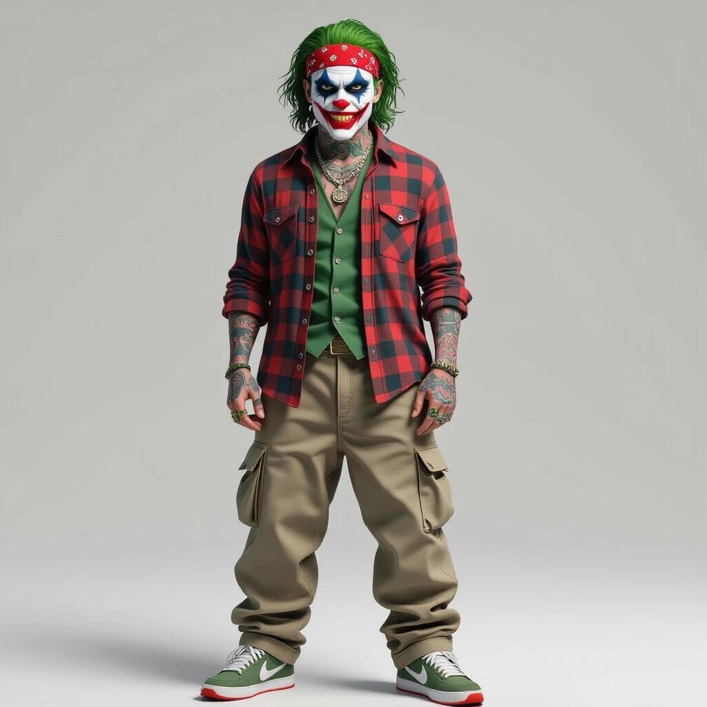 Chicano-style character inspired by the Joker. Character has slicked-back green hair and tattoos. Dressed in plaid flannel shirt and baggy khaki pants. Wears Nike Cortez sneakers. No background with a plain color. Ultra-realistic details and vibrant colors.