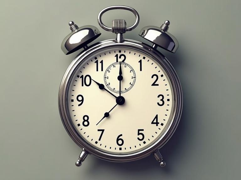 Analog clock positioned centrally. Clock has a classic design. Small hand points at 8. Large hand points at 3. Silver casing around a white clock face.